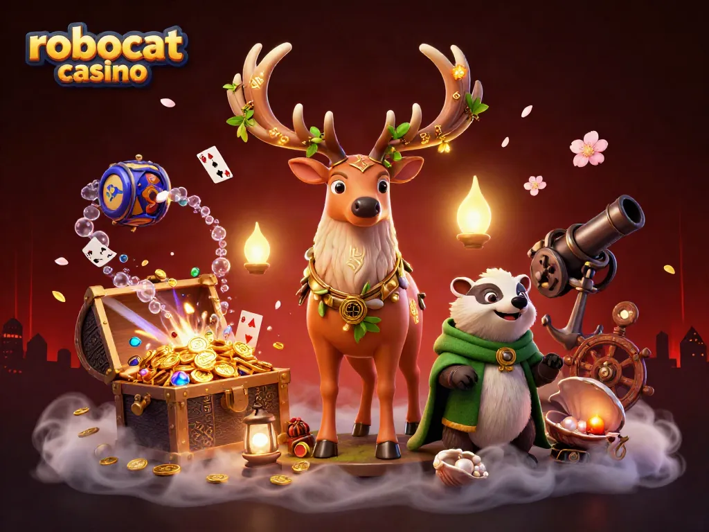Experience big wins with robocat casino's enchanting illustration of mythical adventure and casino treasures