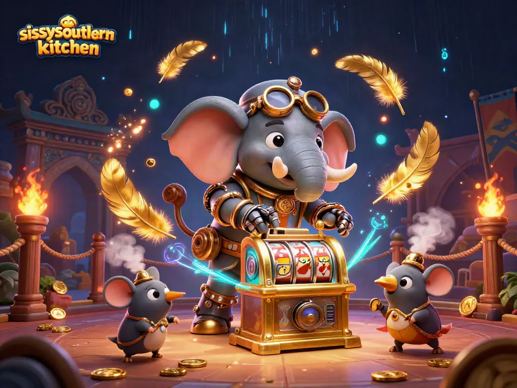 Spin the reels at sissyssouthernkitchen with a whimsical steampunk scene featuring an elephant engineer and gold coins swirling.
