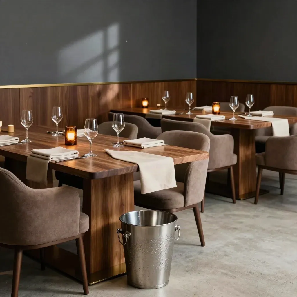 Sala moderna lista para cena de empresa, con mesas altas, cubiteras, sillas tapizadas y luz cálida.