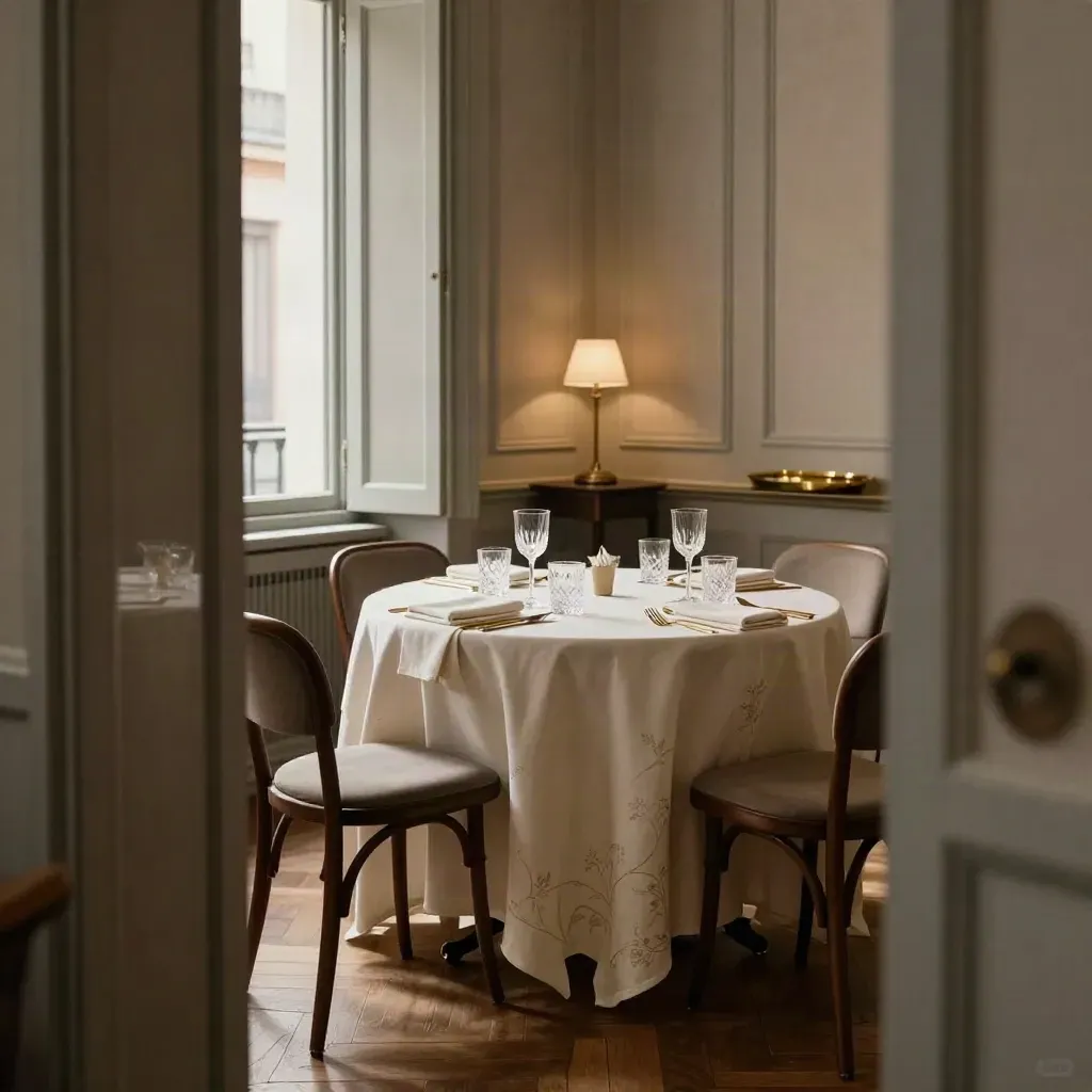 Salón íntimo en Chamberí con mesa redonda vestida para una cena privada.