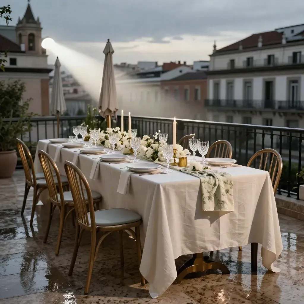 Mesa imperial en terraza madrileña, tras la lluvia, con velas, lino marfil y copas de cristal.