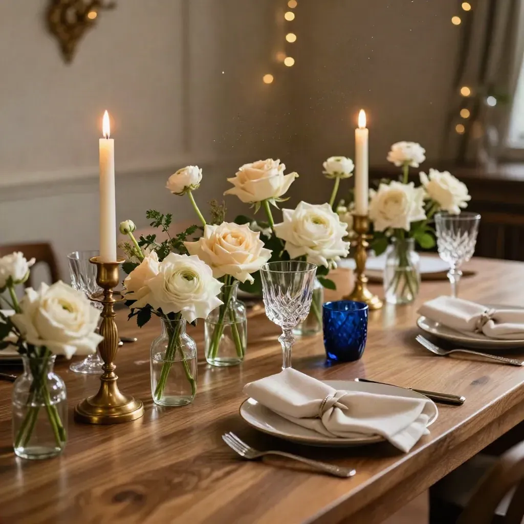 Decoración de mesa elegante con velas, flores crema y detalles azul noche en un salón de Madrid.