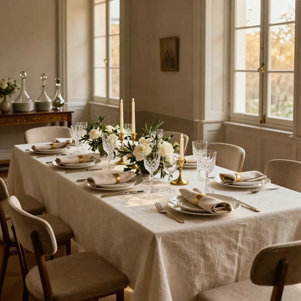 Mesa privada en Chamberí, preparada para 24 cubiertos, velas de cera y flores bajas.