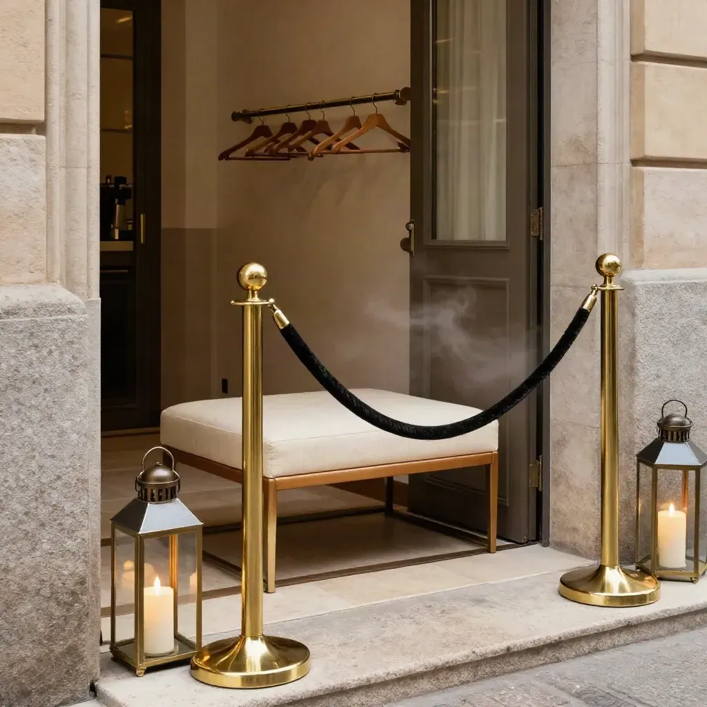 Entrada de evento con cordón de terciopelo, faroles y banco bajo en un foyer madrileño.