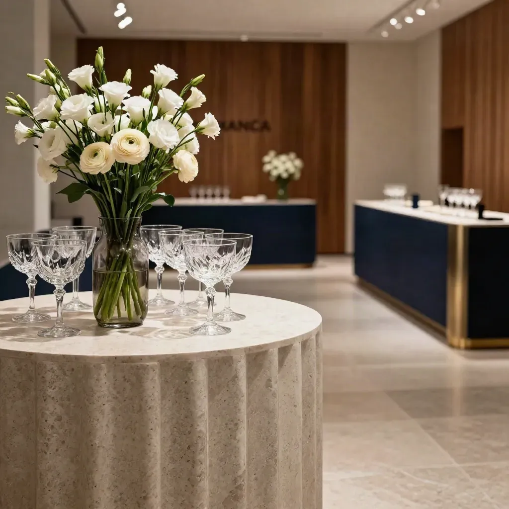 Sala de lanzamiento en Salamanca con pedestales, flores sobrias, copas listas y luz azul noche.
