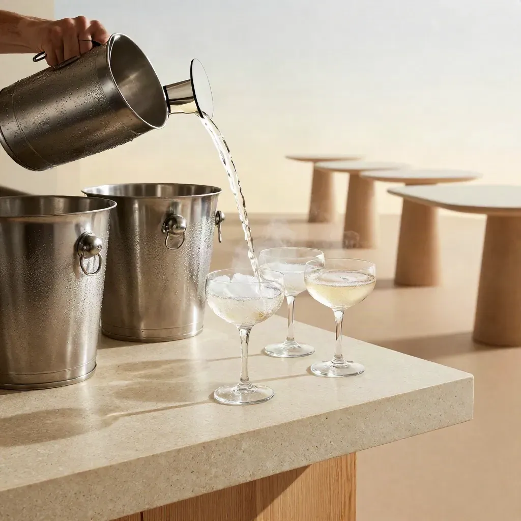 Barra lista para afterwork, cubiteras, vasos apilados y cóctel servido en ambiente elegante.