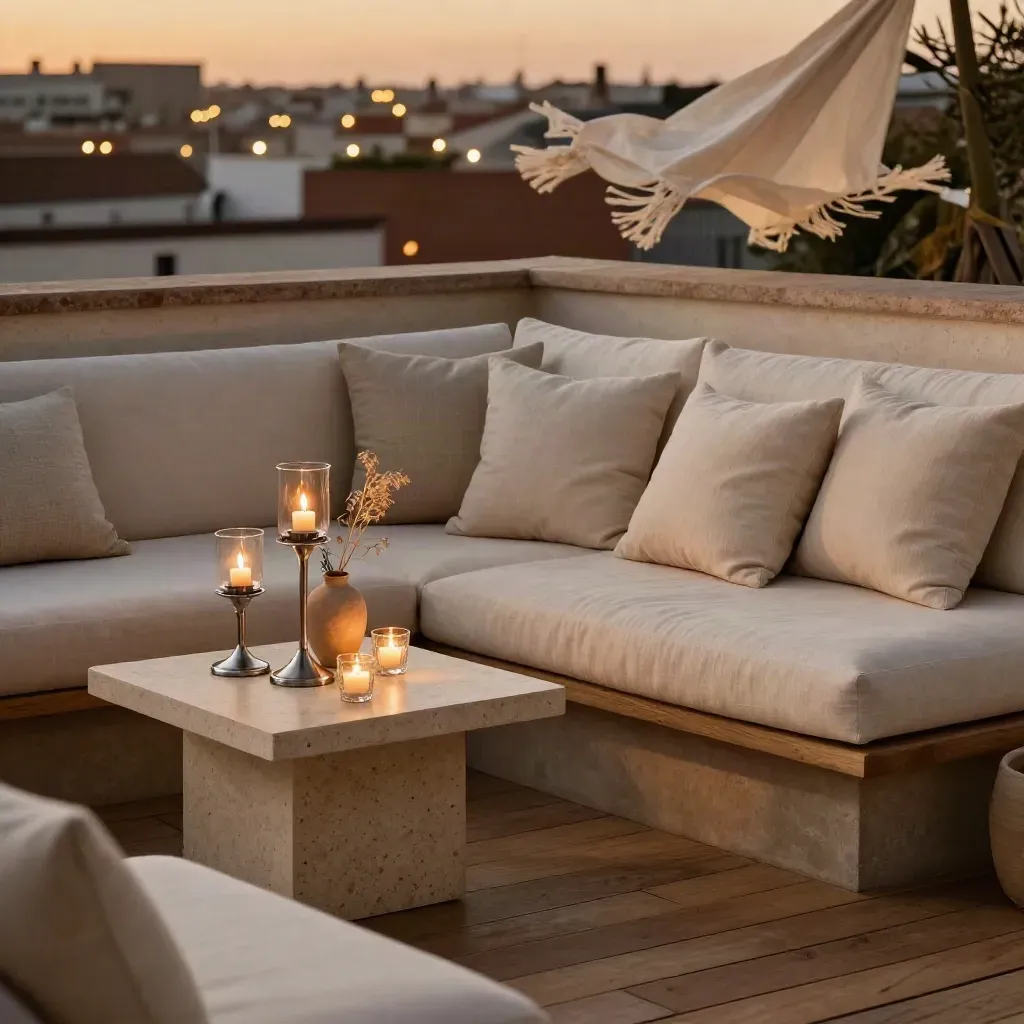 Terraza de aniversario montada con sofás crema, velas y guirnaldas cálidas al anochecer