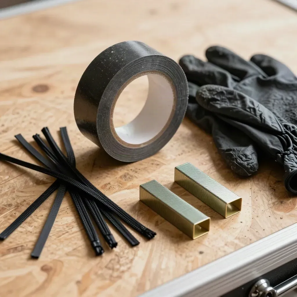 Kit de producción con bridas, cinta, guantes negros y grapas metálicas sobre un flight case.