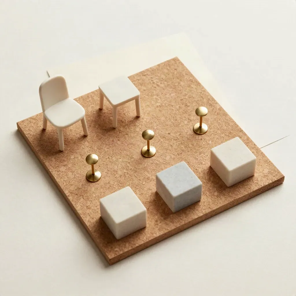 Miniaturas de sillas y cubos de mesa sobre corcho claro con alfileres de latón