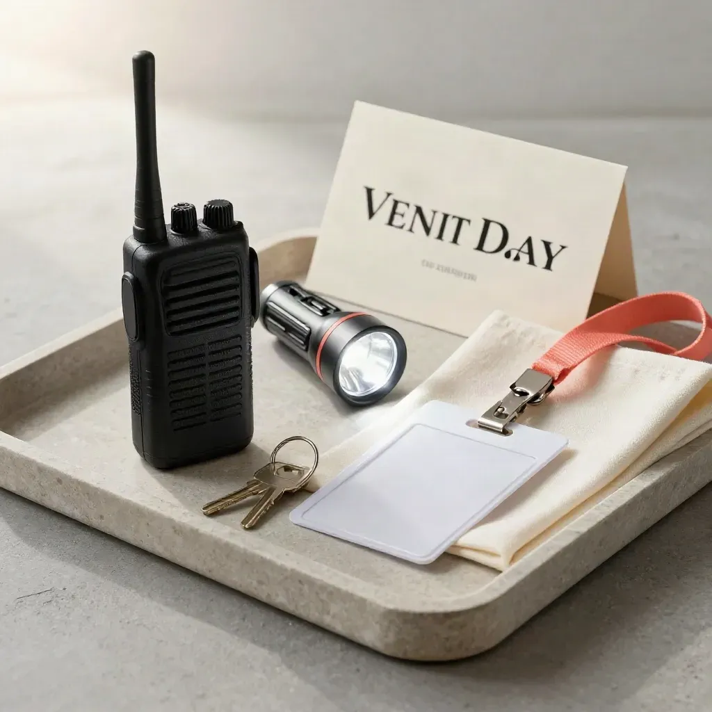 Kit de día del evento con linterna, walkie-talkie, acreditación y llaves sobre bandeja de piedra.