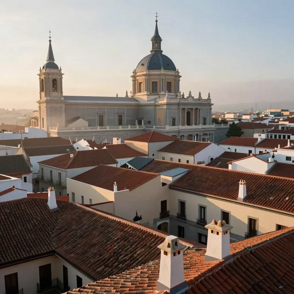 Tejados de Madrid Centro al amanecer, con cúpula alta y niebla dorada sobre la ciudad