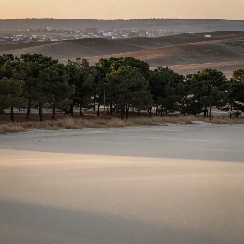 Horizonte del norte de Madrid con pinos, colinas bajas y bruma al atardecer.