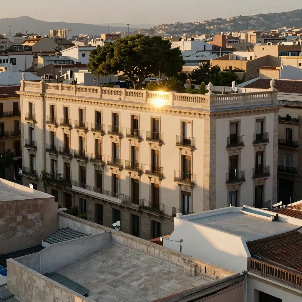 Vista aérea de Chamberí al atardecer con fachadas clásicas y copas de árboles.