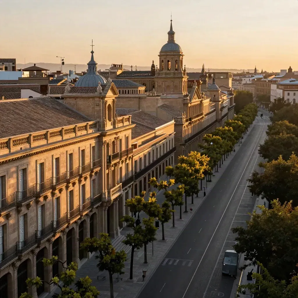 Avenida de Salamanca al atardecer con fachadas de piedra y árboles alineados.