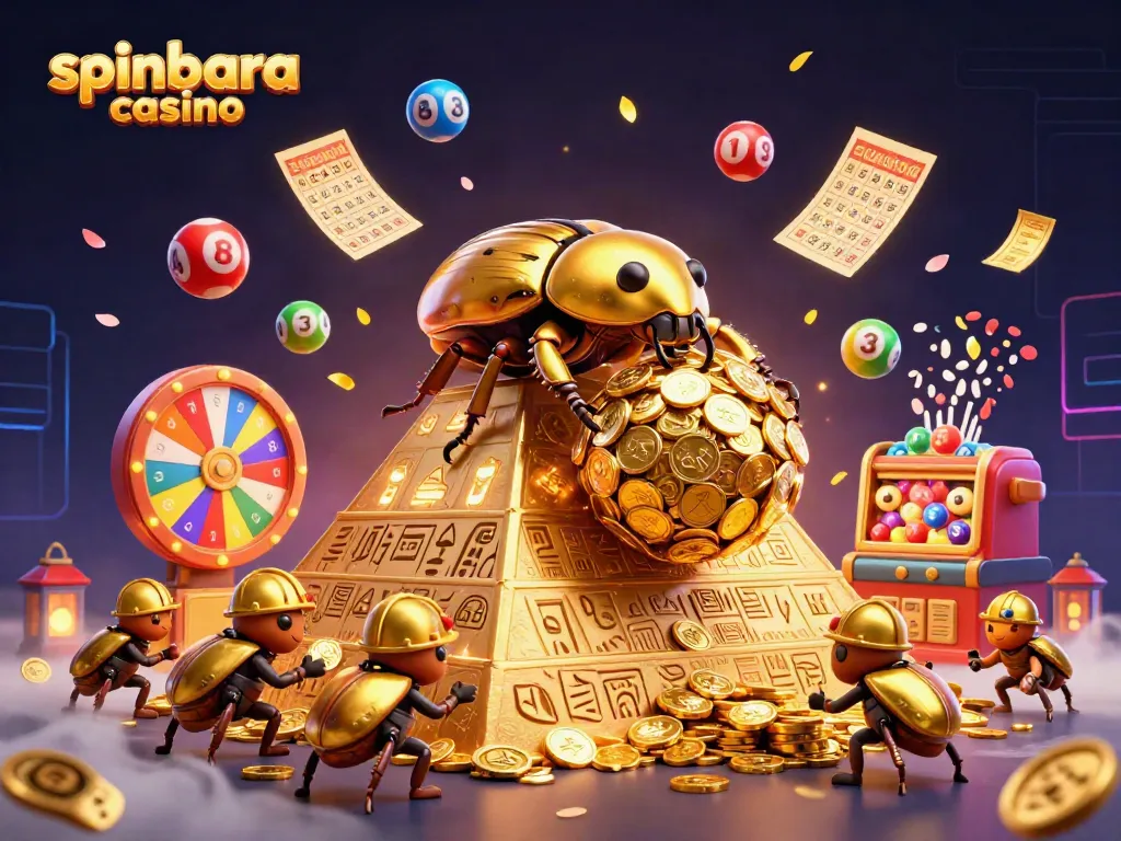 Engage with spinbara casino's vibrant gaming world featuring golden beetles amidst a lottery sensation.